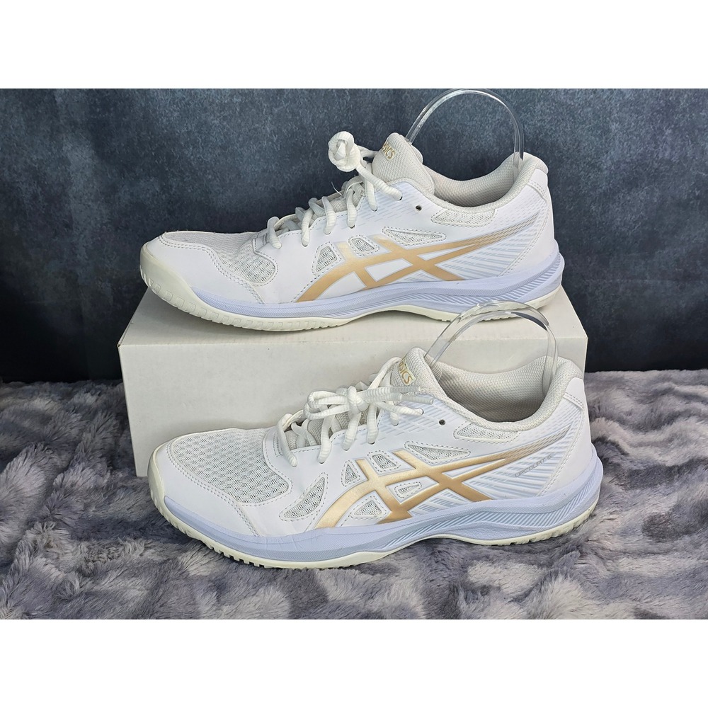 EUC Asics Upcourt 6 Volleyball Shoes White/Champagne Indoor Court Womens Size 10